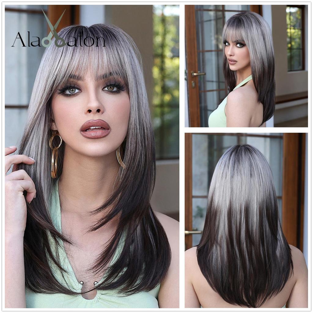 ALAN EATON Коричневые, серые, синтетические парики, длинный прямой многослойный парик с челкой для женщин, косплей, вечерние, повседневное использование, термостойкое волокно