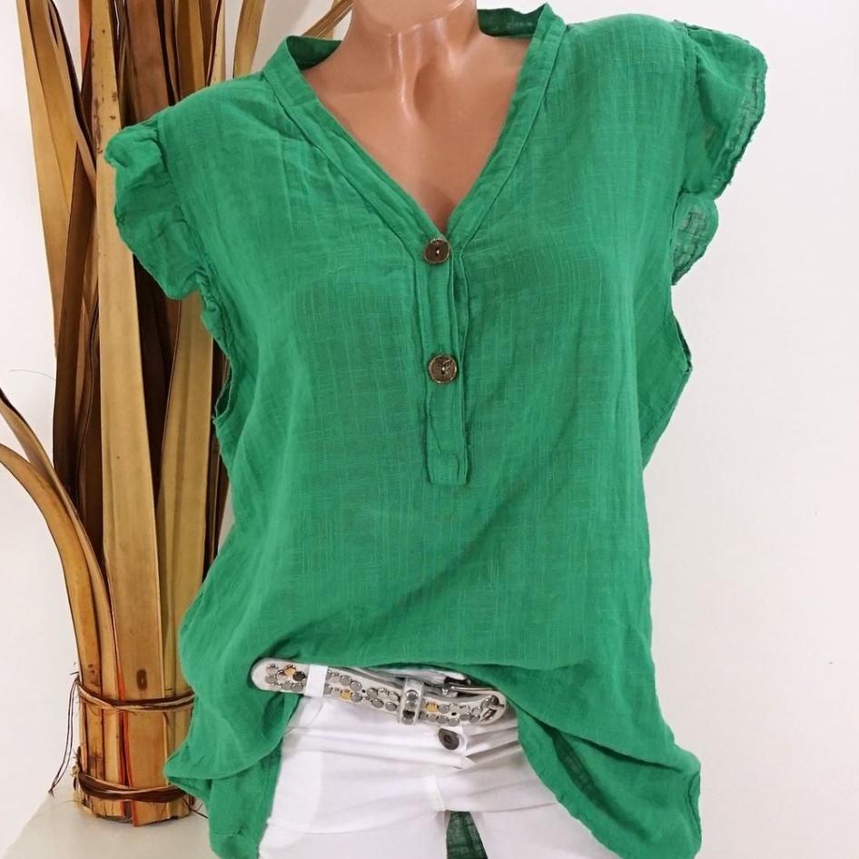 Дышащий топ на пуговицах с V-образным вырезом, большой размер, однотонная хлопковая льняная блузка, женская свободная рубашка