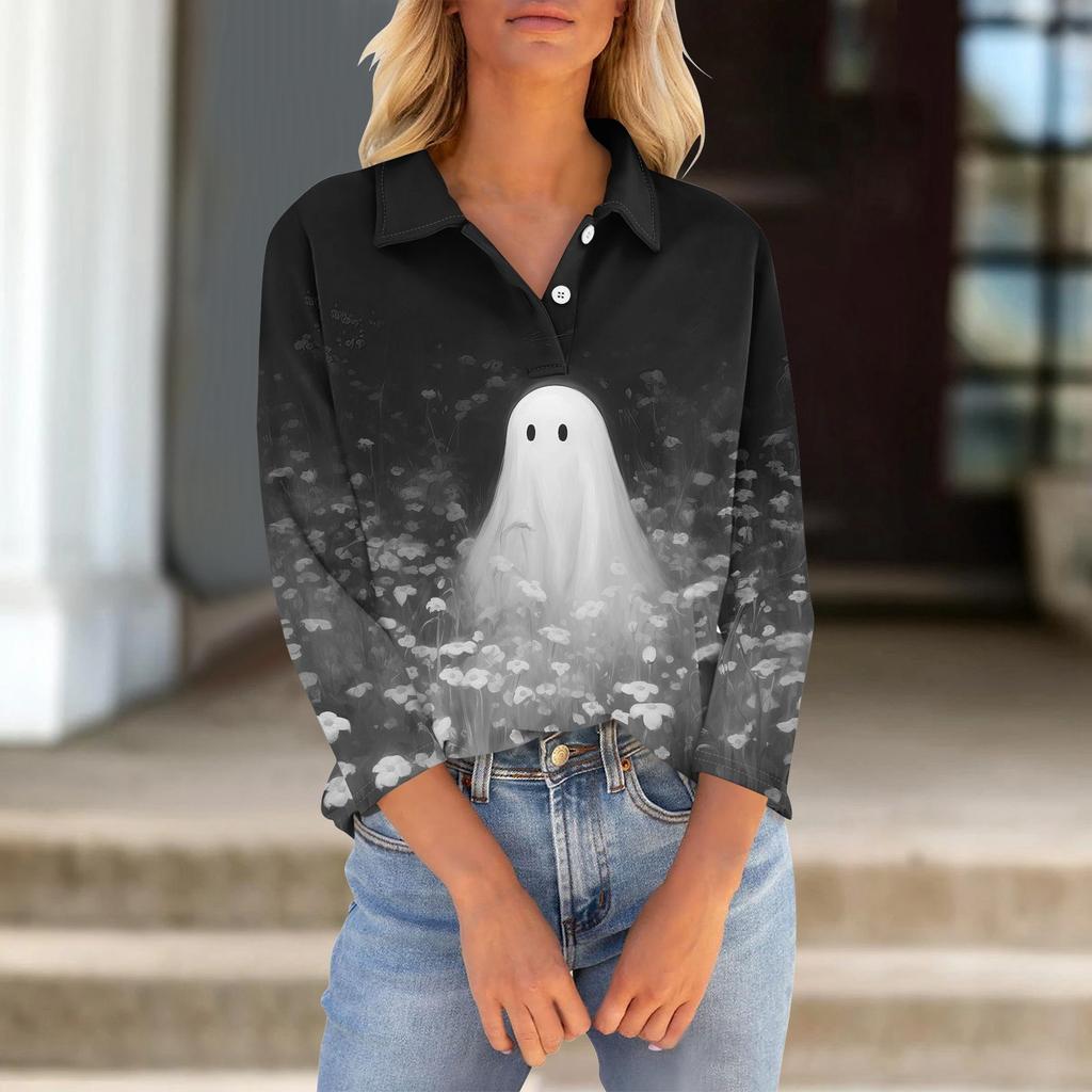 Women's Seven Quarter Sleeved T-shirt V-neck Button Up Shirt With Printed Loose Top For Halloween