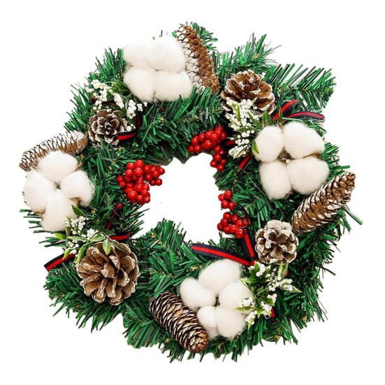 Рождественский венок для входной двери Ручной работы Искусственный венок из зелени с сосновыми шишками Красными ягодами Шарами для внутреннего и наружного праздничного декора