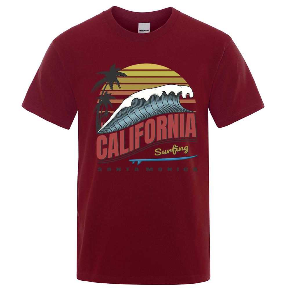 California Surfing Santa Monica Beach Printed Clothes Men Breathable Oversize T-Shirt Summer Cotton Tee Clothes Crewneck T-Shirt