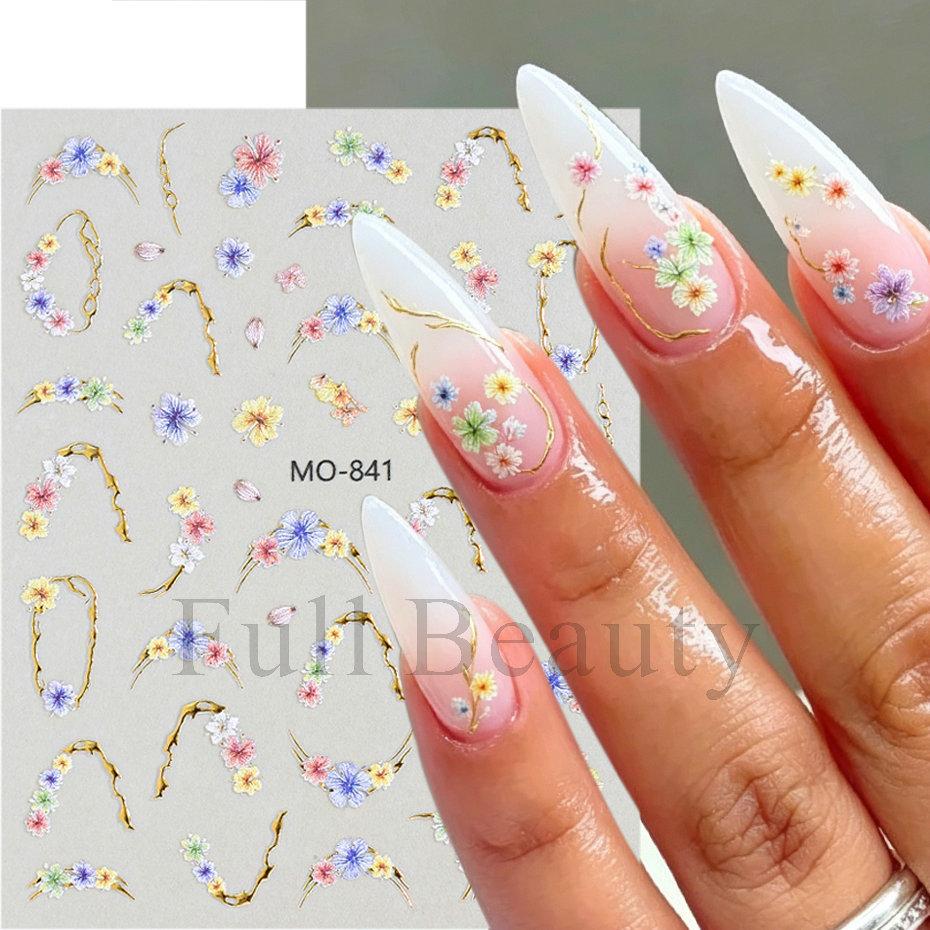 Nail Art Stickers Spring And Summer Gilt Gold-plated Monet Garden Small Dried Flowers Small Floral Back Glue Nail Stickers
