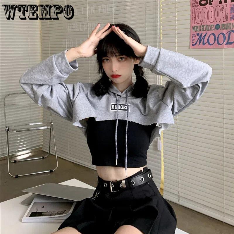 WTEMPO Женские укороченные толстовки с базовым дизайном, комплект из 2 предметов в Корейском стиле для подростков, простая крутая свободная уютная уличная одежда Y2K
