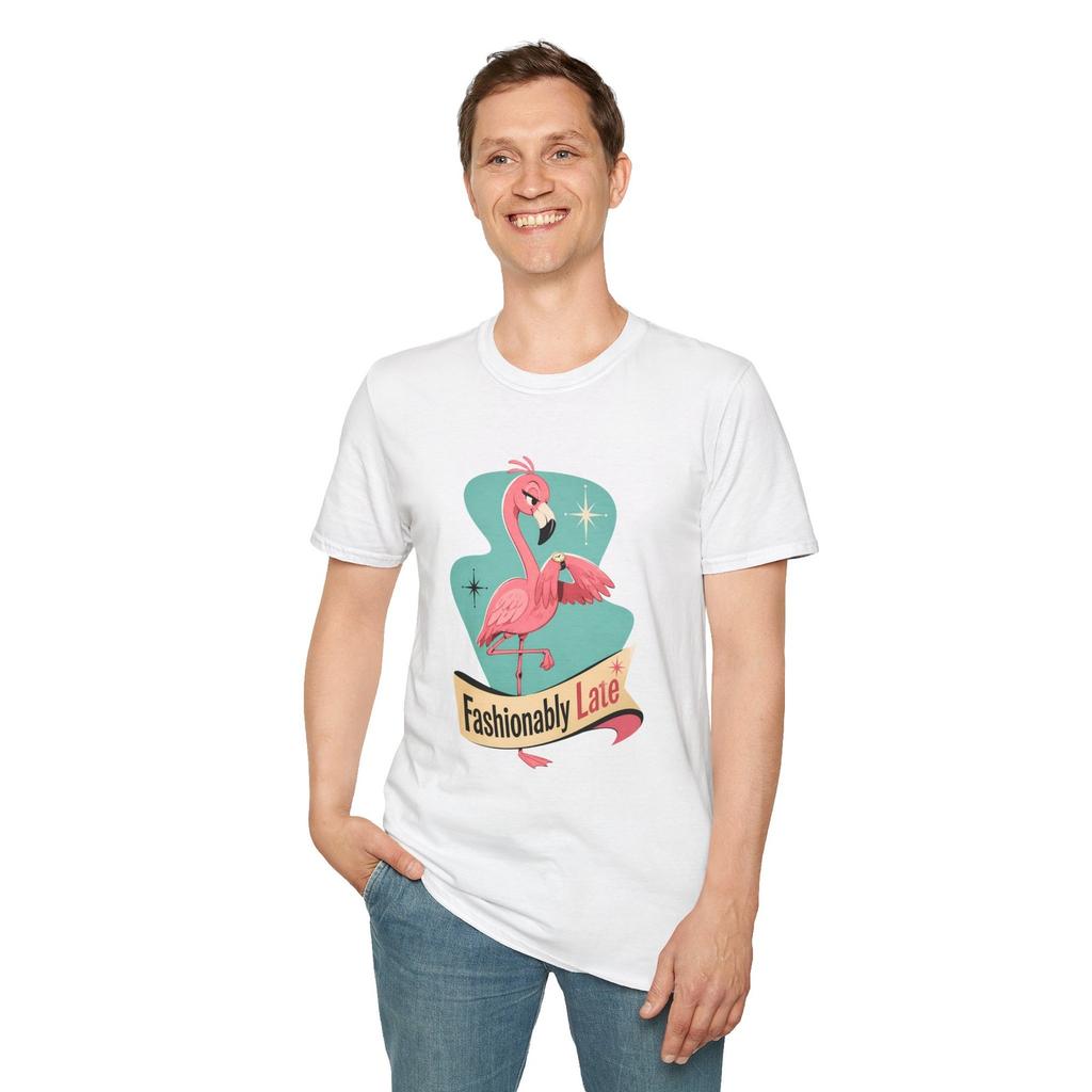 Flamingo Watch Retro Funny Tropical Cartoon Pink Cute Unisex Softstyle T-Shirt