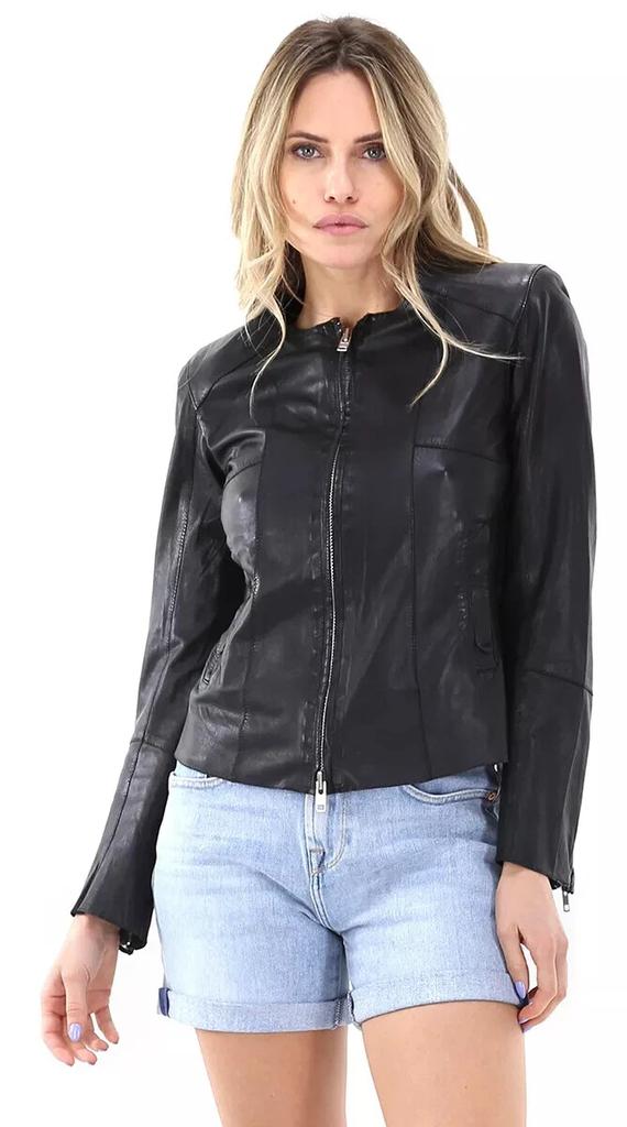 Женская мотоциклетная куртка Черная кожа Оригинальная натуральная овчина Ручная работа Байкерская