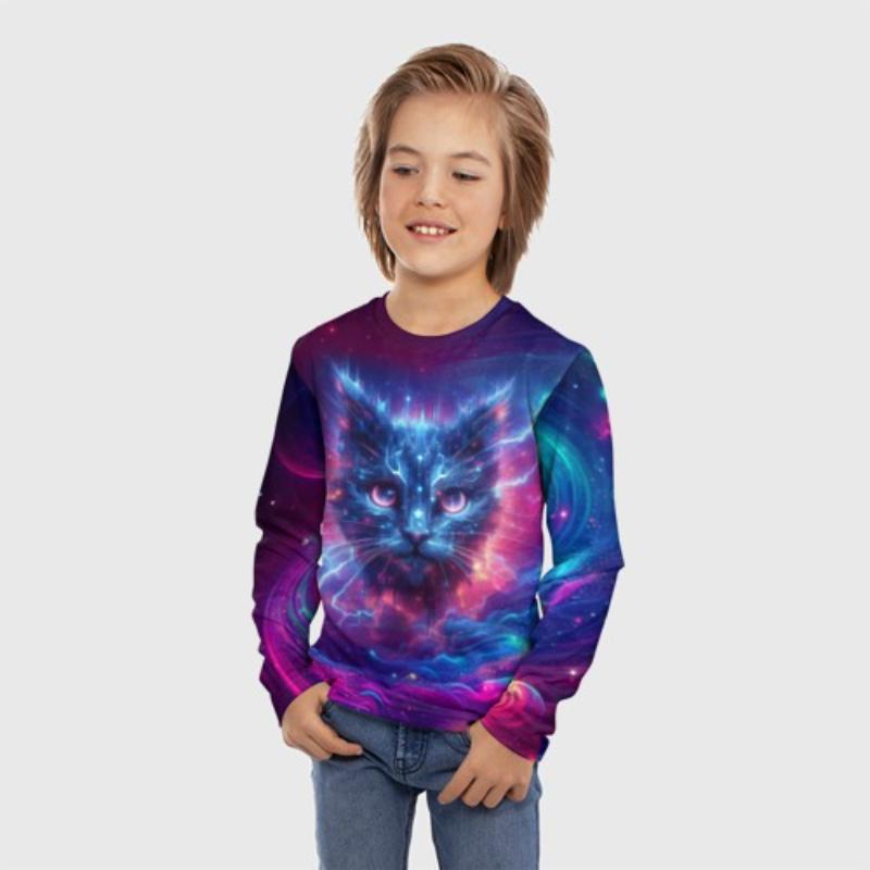 Children's Cartoon Kitten Print Color Painting T-shirt Boys Cute Long Sleeved Soft Comfortable Top