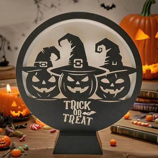 Halloween LED Lantern Wooden Desktop Light Witch Pumpkin Spider Cat Designs Silhouette Ornament Spooky Tabletop Home Party Decoration