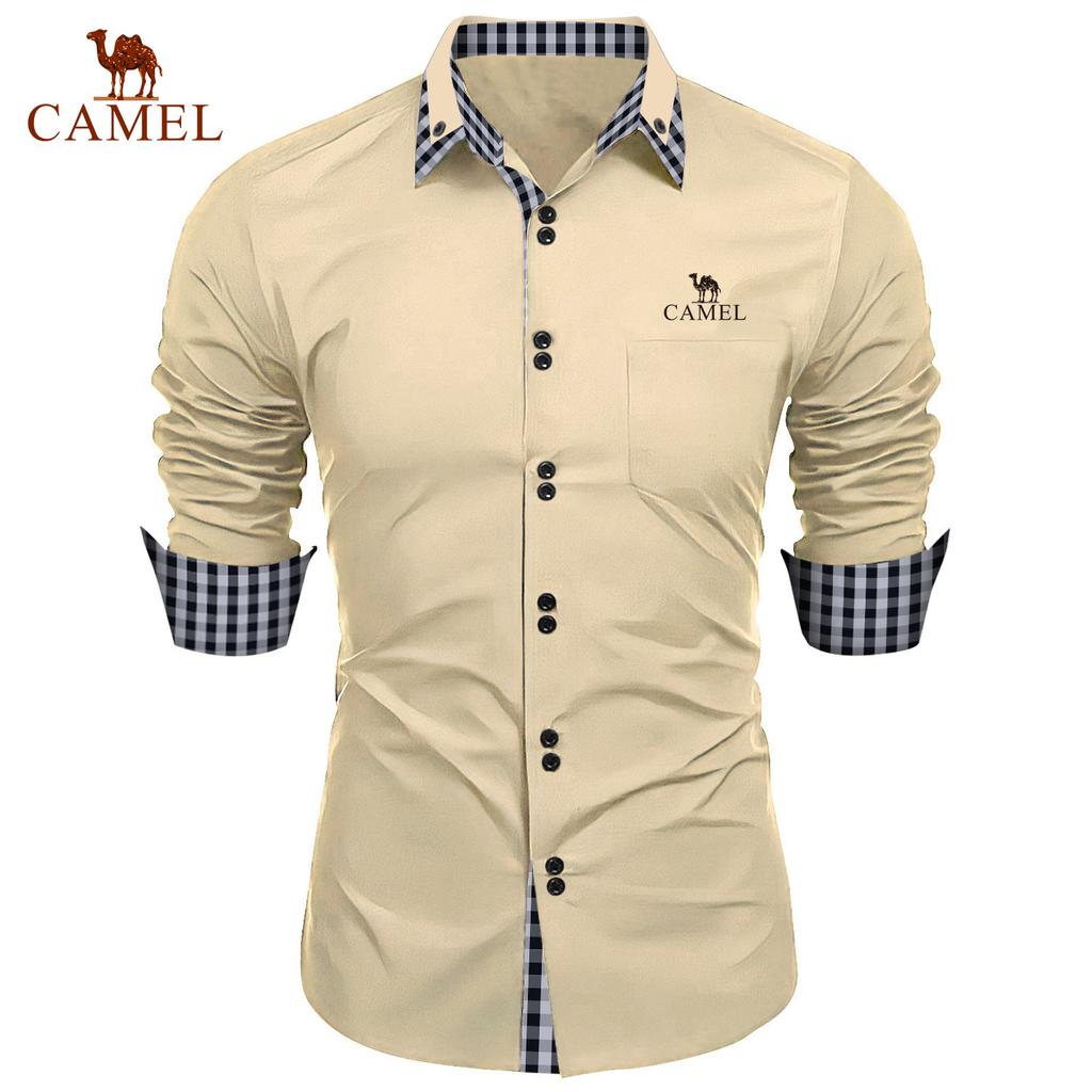 Camel Spring and Autumn New Fashion Men's Fashion Check Color Block Business Slim Fit Casual Shirt Embroidered Brand Long Sleeved Shirt