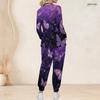 Women Plus Size Scrub Set V Neck Long Sleeve Butterfly Galaxy Printed Purple Blue Medical Uniform With Pockets