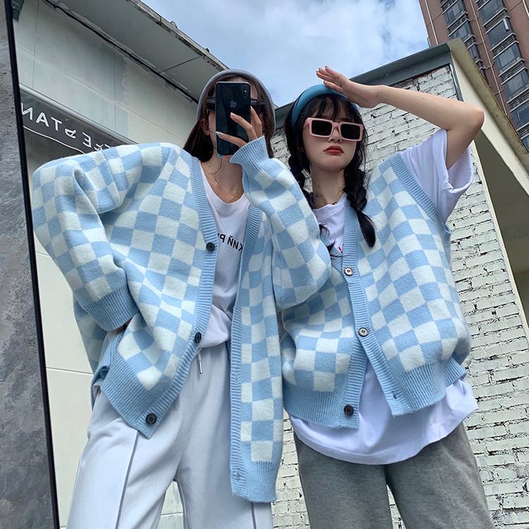 Корейский стиль, клетчатый кардиган большого размера, свитер, женский винтажный вязаный жакет в клетку, модный джемпер с длинными рукавами, женский