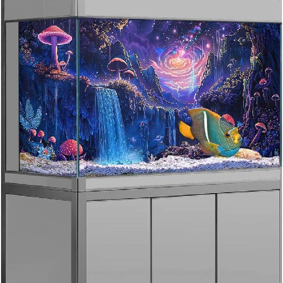 24" X 12" Аквариумный фон "Галактика Космос Планета", Гобелен с пейзажем водопада, Фантастический горный волновой настенный гобелен, Загадочные неоновые растения, Аквариум