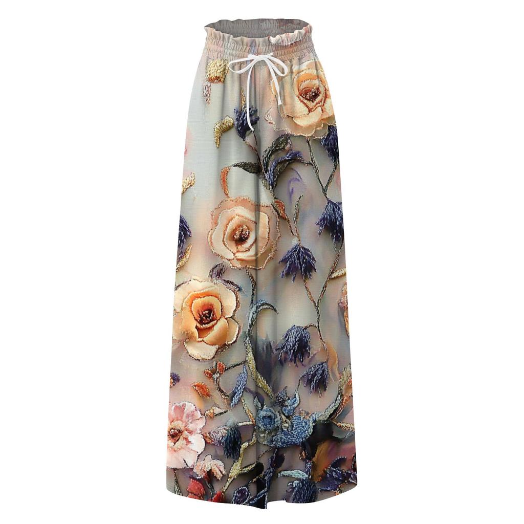 Women High Waist Wide Leg Pants with Pockets Floral Print Casual Long Trousers Elastic Waistband Drawstring Comfortable Fit