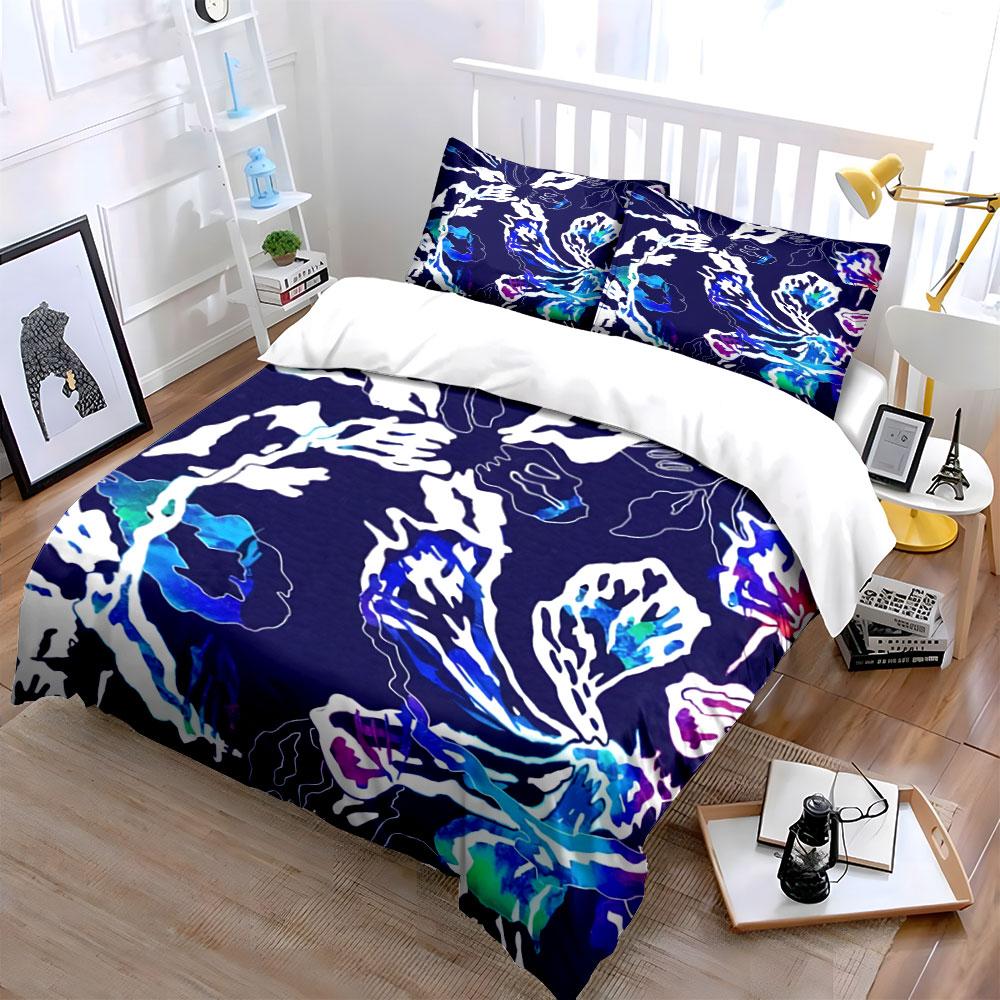 Dark Blue Watercolor Floral Bedding Set,Neon Ombre Outline Flower Print 1 Duvet Cover 2 Pillowcases Single Double King Queen