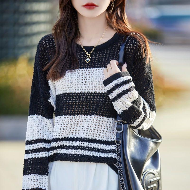 Весенне-летний ажурный вязаный свитер с вязаными полосками, свободный, с длинными рукавами, солнцезащитный чехол, тонкий топ