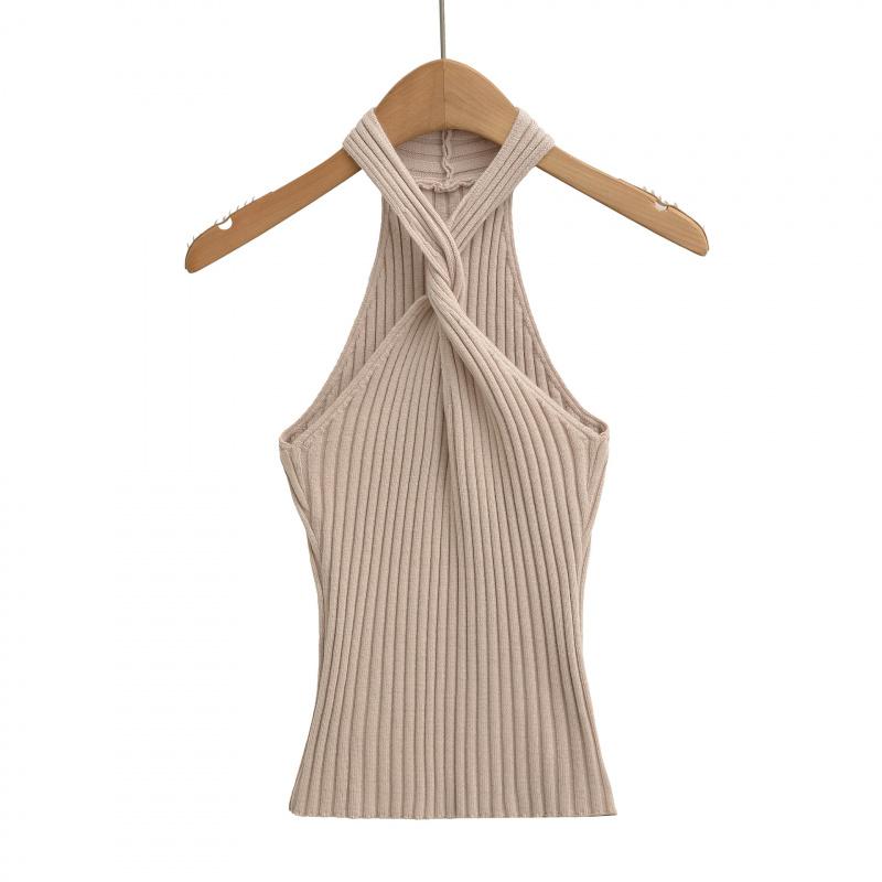Elastic Knit Halter Neck Slim-Fit Tank Top for Women, 2026 Summer New Style, V-Neck with Front Twist and Backless Design