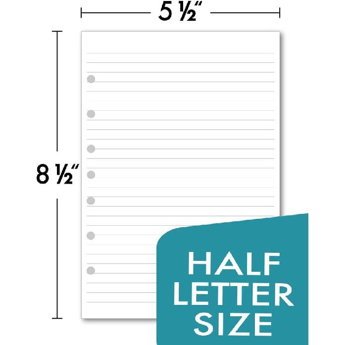7-Hole Lined Filler Paper Pack of 100 Sheets for Mini Binders, College Ruled, 5-1/2" x 8-1/2", White