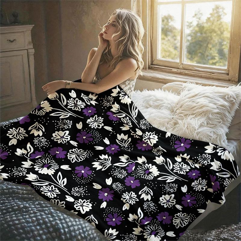Purple White Floral Black Flannel Blanket Perfect for Sofa Office Bed Travel Sleep Read Relax Camping Four Season Use