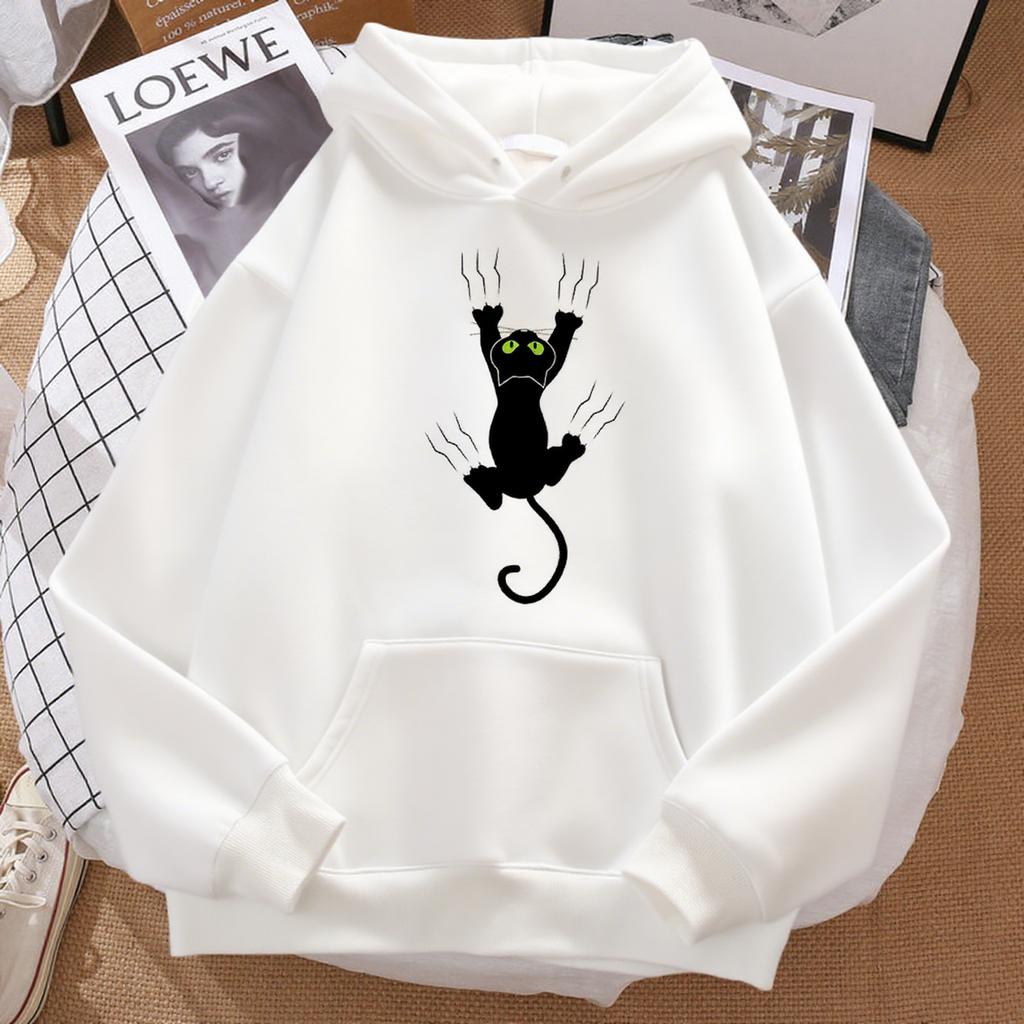 Унисекс Худи с принтом «Шаловливый Черный Кот» Хип-Хоп Флисовая Толстовка Мягкая Теплая Стиль Харадзюку Мультяшный Персонаж Удобный мото