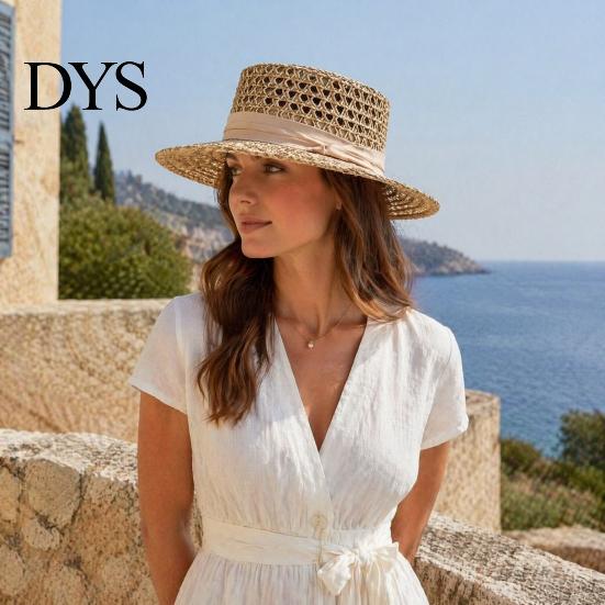 Elegant Vintage Sun Hat Women Straw Hat, with Satin Ribbon Decor, Wide Brim Foldable Travel Beach Breathable Flat Top for Summer Vacation Cap