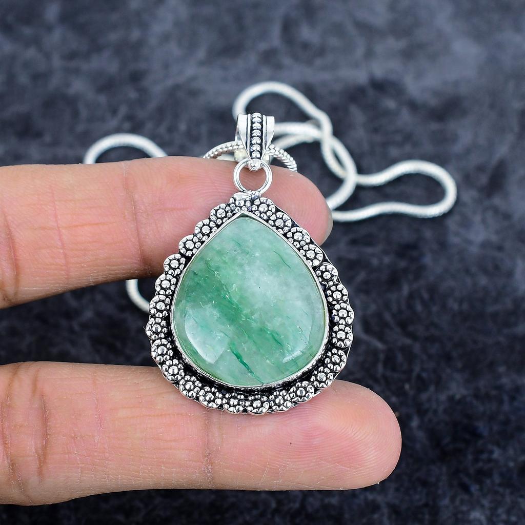 Green Apatite Gemstone Handmade 925 Sterling Silver Jewelry Pendant 1.89" M-2907
