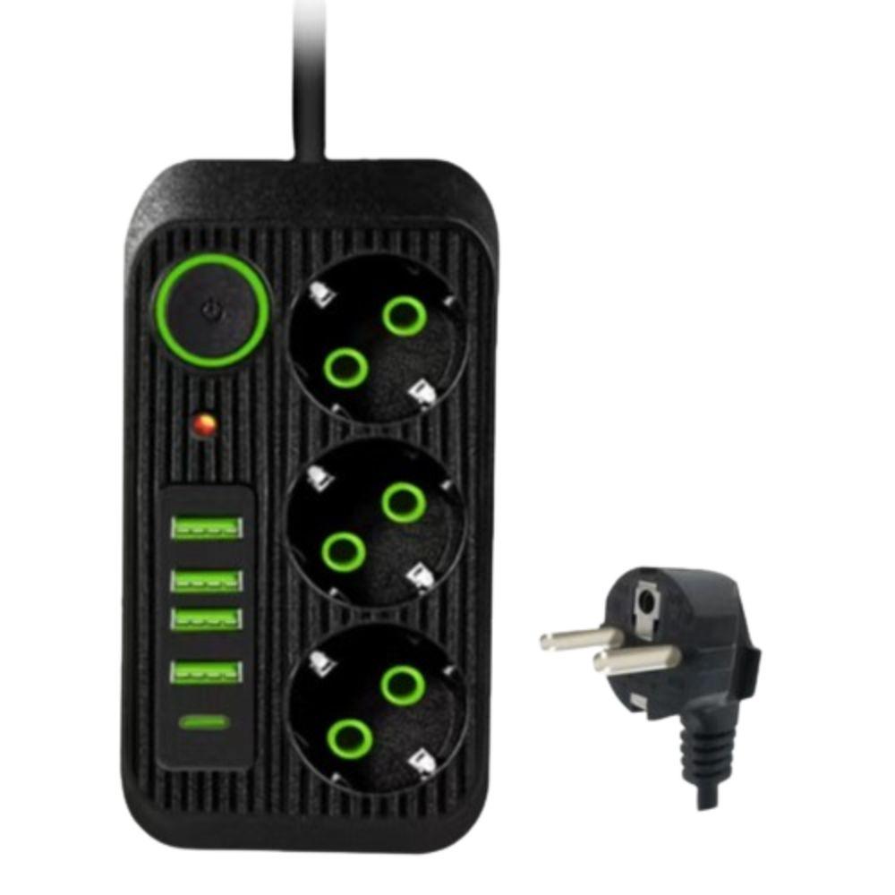 2m Extension Cord Surge-Protected Power Strip 3-Outlets Extended USB Socket School