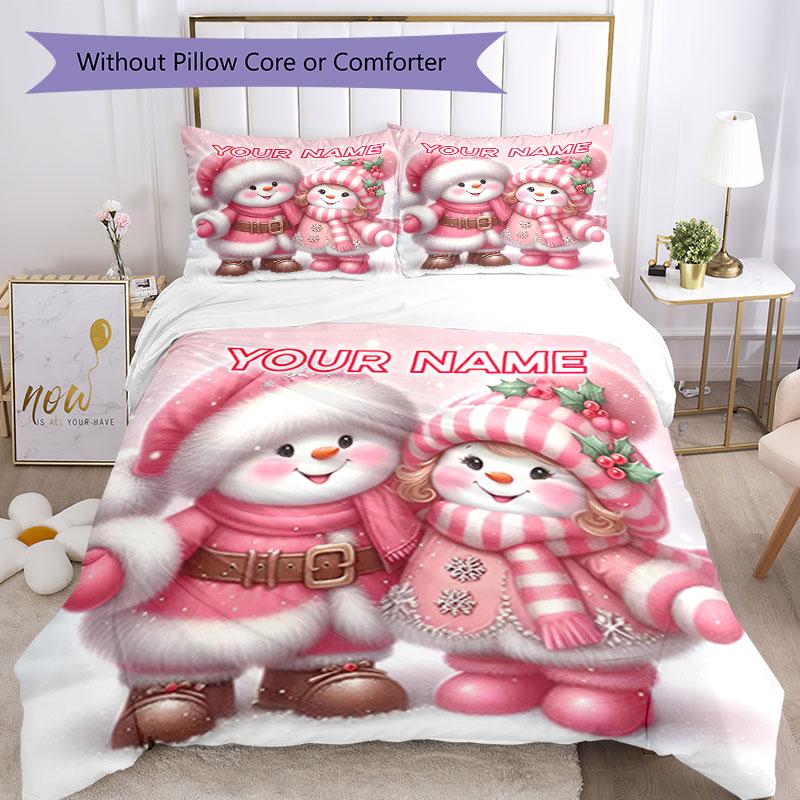 3PC Custom Name Snowman Couple Winter Scene Bedding Set Printed Bedding Set Duvet Cover Closure Includes 1 Duvet Cover & 2 Pillowcases for All Seasons