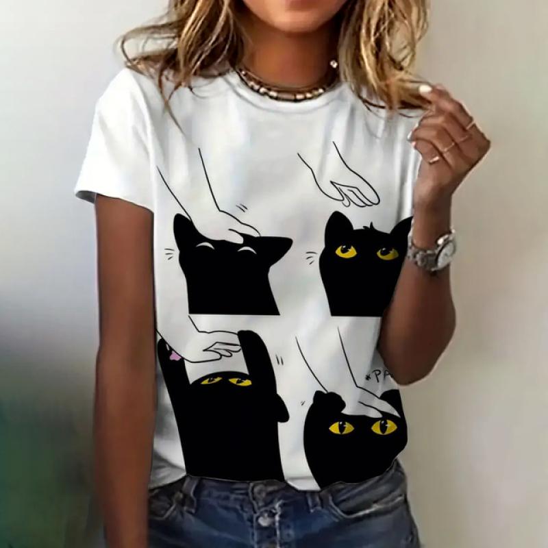 Women's T-shirt Cat Print Short Sleeve Summer Casual Wear Loose Top Fashion Round Neck Short Sleeve Women's Elegant T-shirt