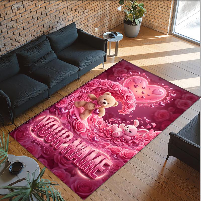 Teddy Bear Theme Crystal Velvet Rug Personalized Custom Name Text Soft Floor Mat Home Decor