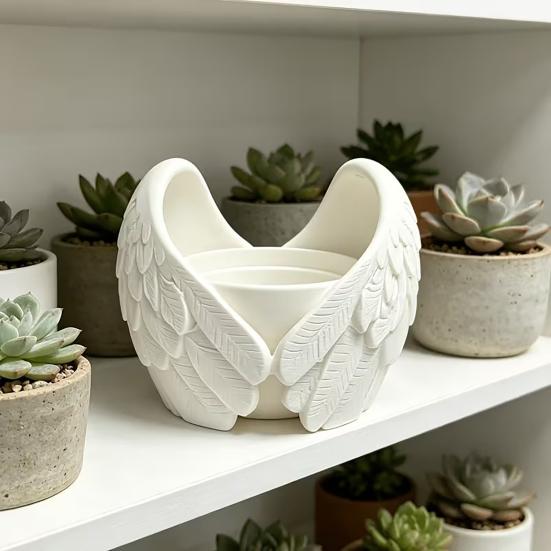 Angel Wings Planter, 3D Printed Decorative Flowerpot, White Feathered Wings Plant Pot for Succulents Small Plants