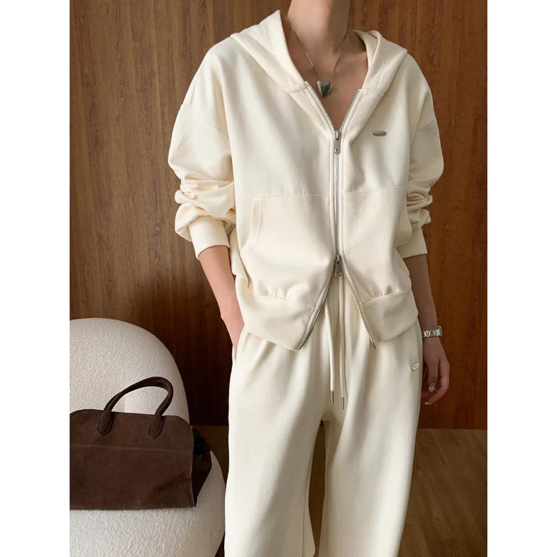 Осенняя мода Двойная молния Ленивый Повседневный свитшот с капюшоном Завязка Широкие брюки Костюм Ранняя осень Новый стиль