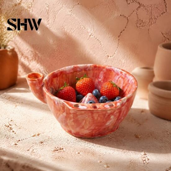 Decorative Fruit Display Dish Ceramic Berry Bowl, Self Rinsing with Drainage Hole Washing Small Serving Bowl Glazed for Kitchen Countertop Food