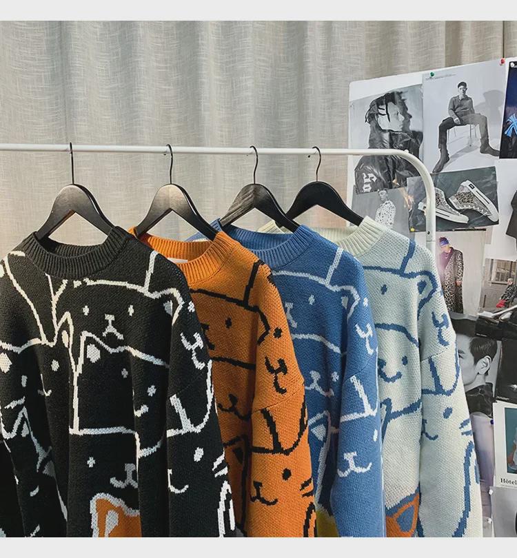 Мужской модный свитер в гонконгском стиле с рисунком - свободный крой, круглая горловина, осенне-зимняя трикотажная мода для студентов