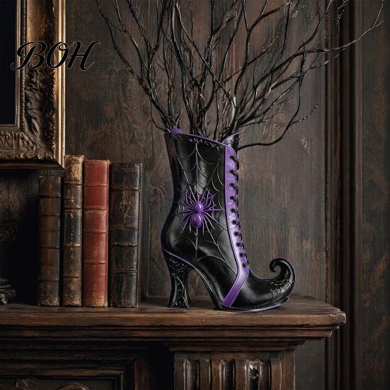 Mysterious Halloween Party Ornament Witch Boot Vase, Gothic Spider Web Flower Elegant Aesthetic Home Decor Decorative Table Centerpiece Vase