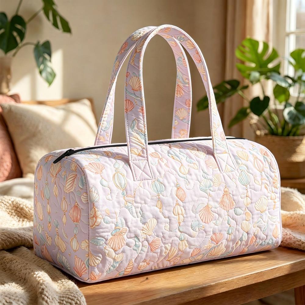 Quilted travel handbag Pastel seashell coastal weekend bag Bohemian 3D quilted leisure travel fitness bag delicate shell and ocean-inspired graphic