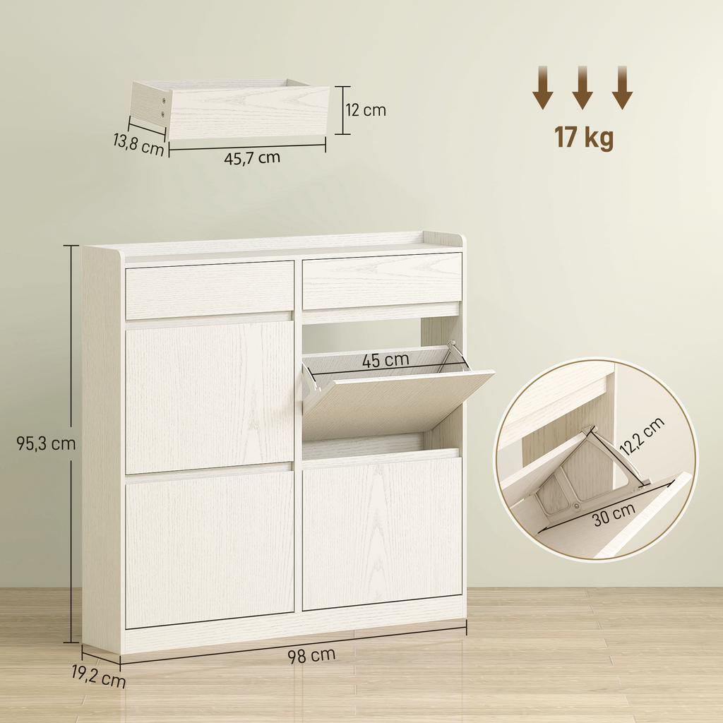 Narrow Shoe Cabinet, 2 Drawers, 4 Drop-Down Compartments, Top, 98x19.2x95.3cm, White Wood Grain