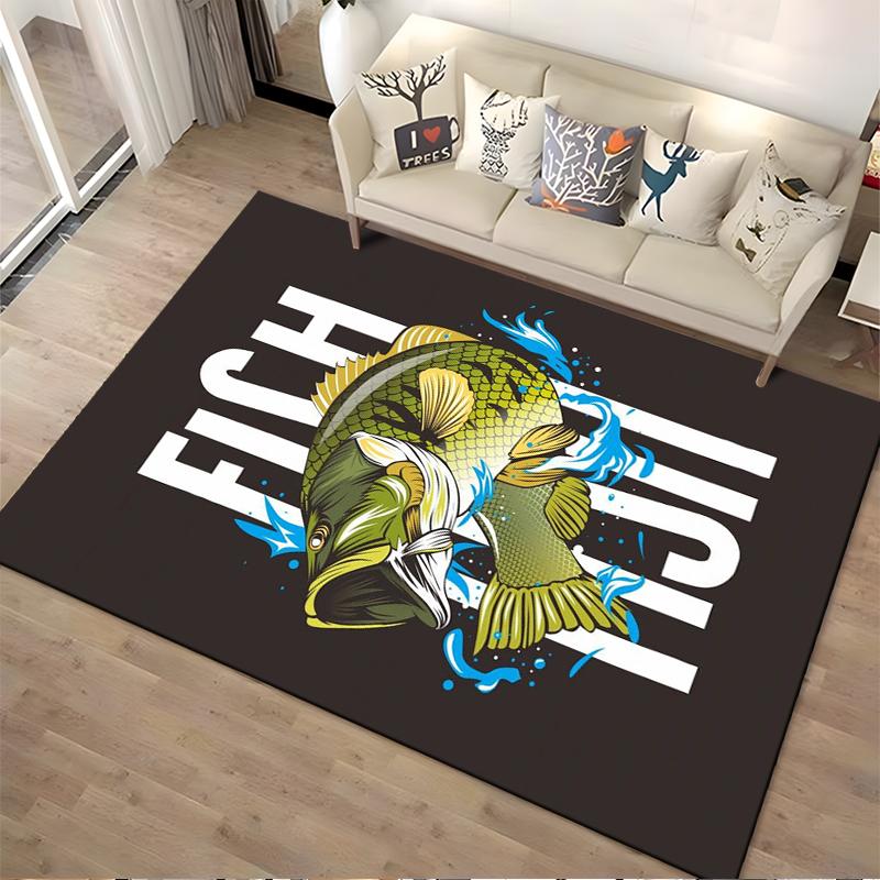 "Colorful Fish Design Carpet with FISH Text, Black Background Home Decor" Suitable for use as an anti-slip for living room bedroom sofas