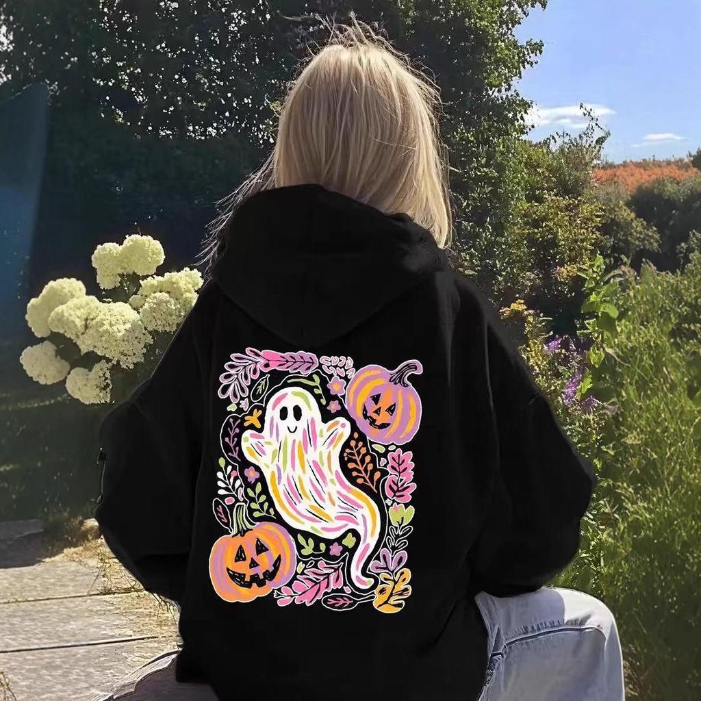 Autumn 2025 Halloween Hooded Sweatshirt - Ghost & Pumpkin Print Jacket