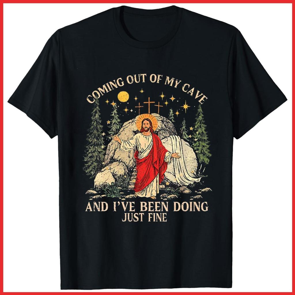Jesus Coming Out Of My Cave Funny Easter Sunday Black Cotton T-Shirt S-5XL