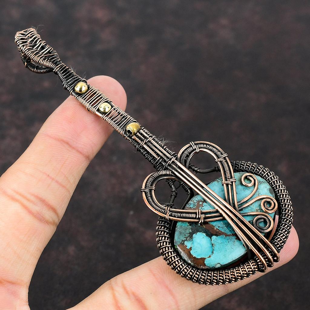 Подвеска из тибетской бирюзы, обернутая медной проволокой, Подвеска ручной работы, Медные украшения, Подвеска в виде гитары, Подарок для него, Украшения из натуральных драгоценных камней