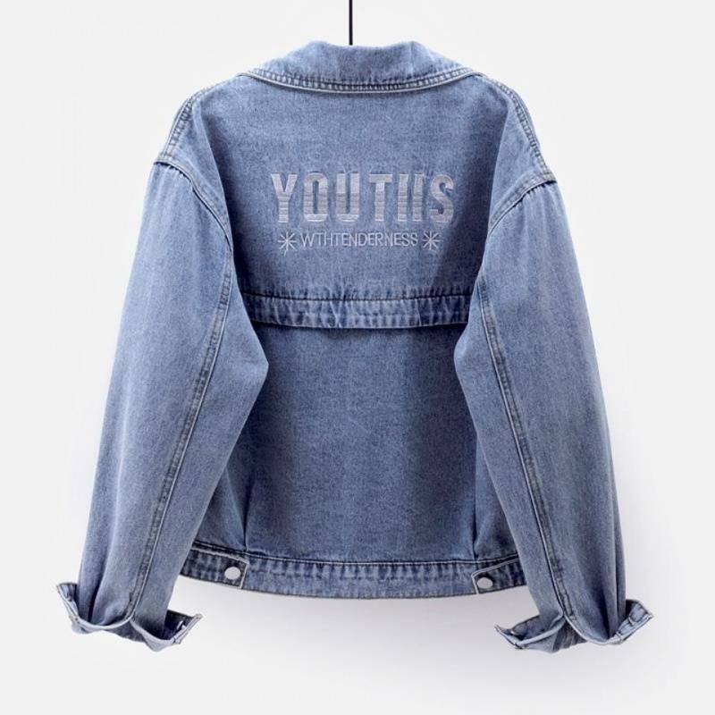Plus Size Embroidered Denim Jacket Women Spring Autumn Casual Long Sleeve Short Loose Streetwear Outerwear