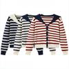 A New Autumn Knitted Cardigan for Women with A Contrasting Color Navy Collar and Stripes, Making Them Look Slimmer