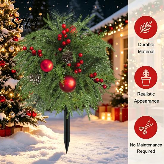Front Porch Holiday Decor Artificial Poinsettia Flower Yard Stake, Red Christmas Floral Ground Spike Decor, Faux Potted Trees Weather?Resistant