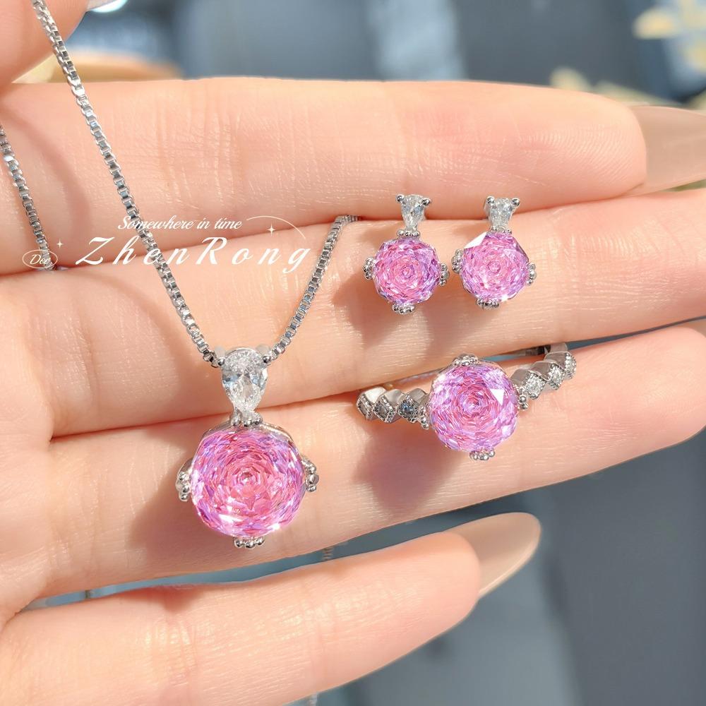 Millennium Cut Paraiba Necklace Pendant with High Carbon Diamond Earrings Rose Flower Ring Set