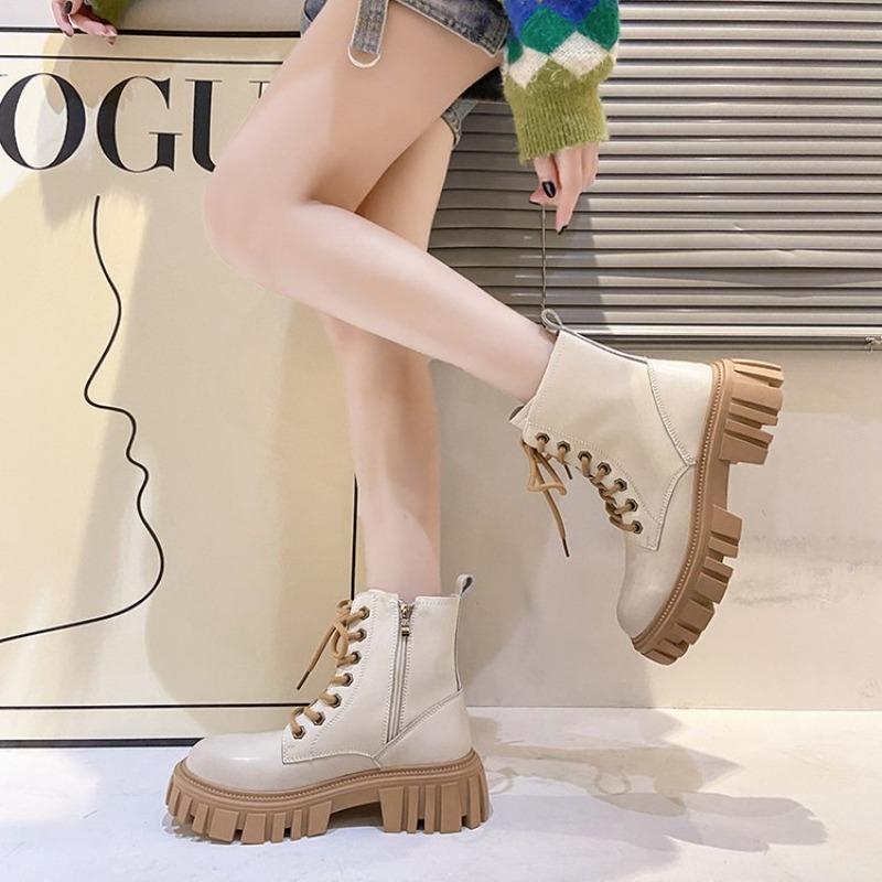 Европейские и американские короткие сапоги женские 2024 осень новые сапоги на толстой подошве толстые каблуки британский стиль плюшевые короткие сапоги zapatos mujer