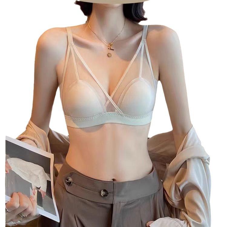 French women's summer thin big breasts show small steel rims, ultra-thin sexy breathable triangular abc cup bra lace