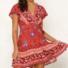 Women's Holiday Bohemian Print Mini Dress Ladies V Neck Summer Beach Sundress