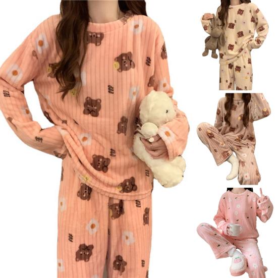 2 Pcs/Set Women Winter Pajamas Set Round Neck Cartoon Bear And Peach Pattern Long