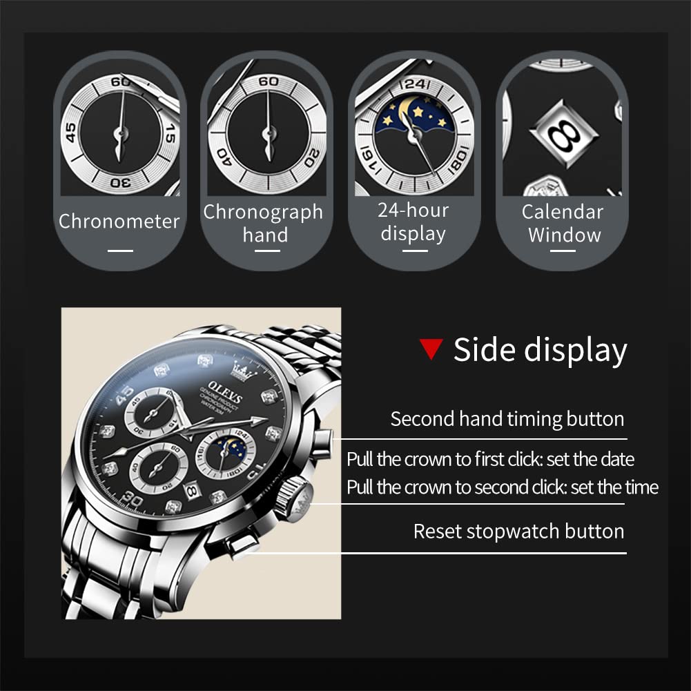 OLEVS Fashionable Wristwatch for Men Popular Analog Quartz Arm Watch Waterproof Business Wristwatch Silver Stainless Steel Band Men Watch Black