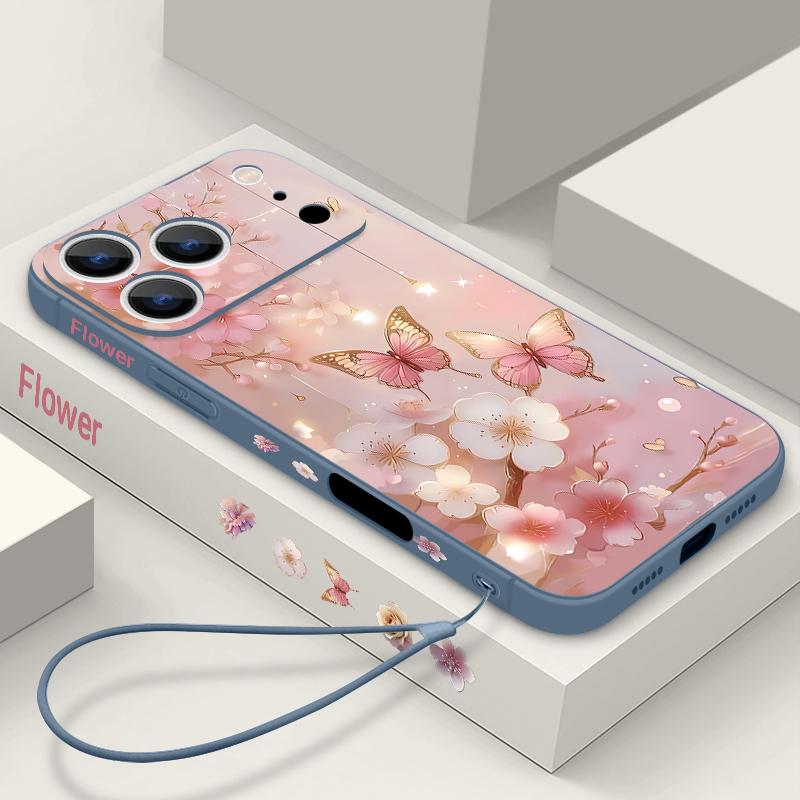 For iPhone 17 Pro Max Case Dream Butterfly Floral Pattern Soft Silicone Lanyard Cover For iPhone 16 Pro Max Cover iPhone 15 14 13 12 11 16E