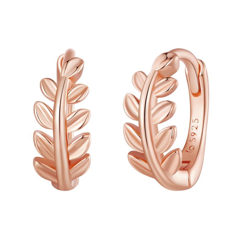 BAMOER 925 Sterling Silver Leaf Ear Buckles Simple Classic Gold Plated Hoop Earrings for Women Statement Jewelry 3 Colors
